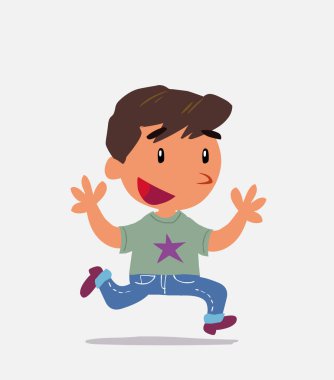 Çizgi film karakteri kot pantolon giymiş mutlu bir şekilde koşuyor.