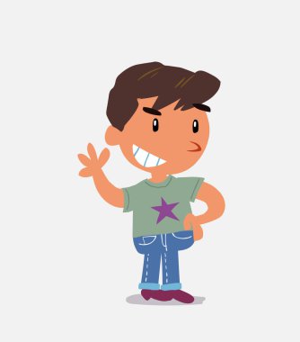 Çizgi film karakteri, gülümserken sallanan kot pantolonlu çocuk.