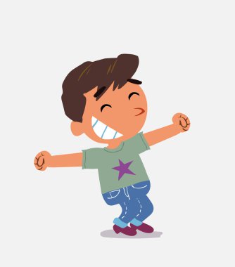 Kot pantolon giymiş, komik bir çizgi film karakteri olan mutlu küçük bir çocuk.