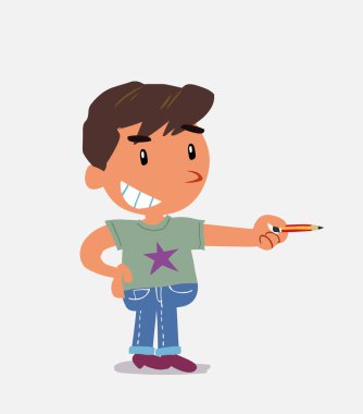 Mutlu çizgi film karakteri, kot pantolonlu, kalemli küçük çocuk.