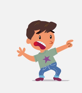 Korkmuş çizgi film karakteri kot pantolonlu küçük çocuk yan tarafı gösteriyor.