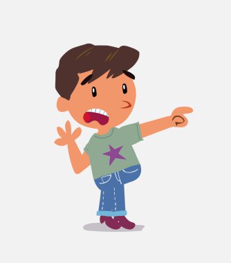 Şaşkın çizgi film karakteri kot pantolonlu çocuk bir şeyi işaret ediyor.