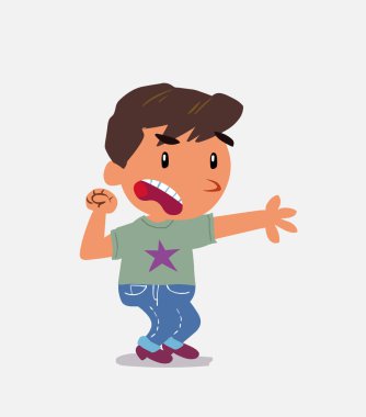 Çok kızgın bir çizgi film karakteri olan kot pantolonlu küçük bir çocuk bir şeyi işaret ediyor.