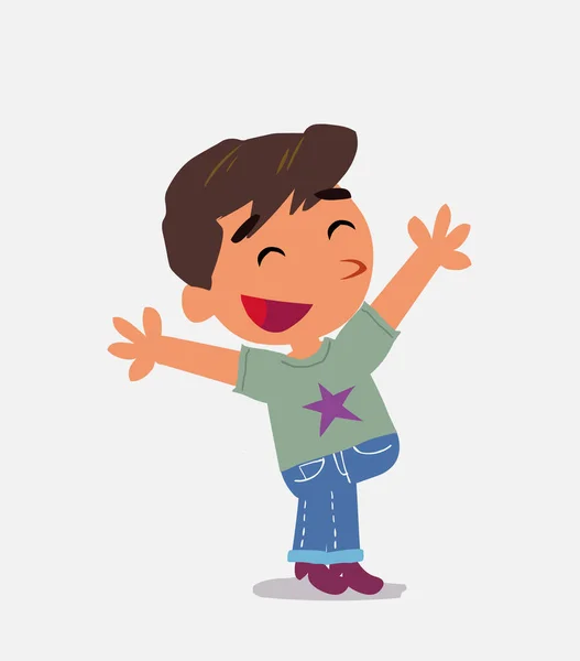 Personaje Dibujos Animados Niño Jeans Celebrando Algo Con Alegría — Vector de stock