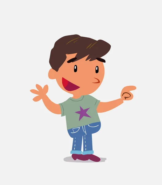 Cartoon Figur Des Kleinen Jungen Auf Jeans Lächelt Beim Zeigen — Stockvektor