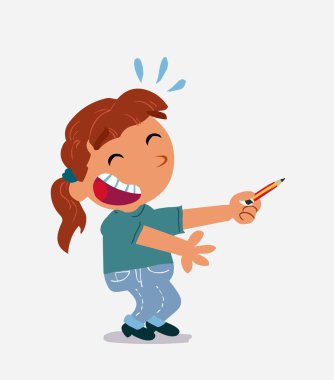 Çizgi film karakteri kot pantolonlu küçük kız bir yandan kalemle işaret ederken gülüyor.