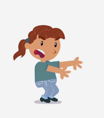 Çok kızgın bir çizgi film karakteri. Kot pantolonlu küçük bir kız. Yan tarafı işaret ediyor.