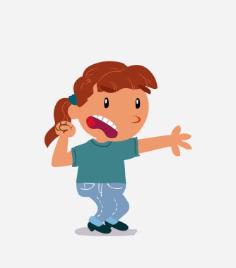 Çok kızgın bir çizgi film karakteri olan kot pantolonlu küçük bir kız bir şeyi işaret ediyor.