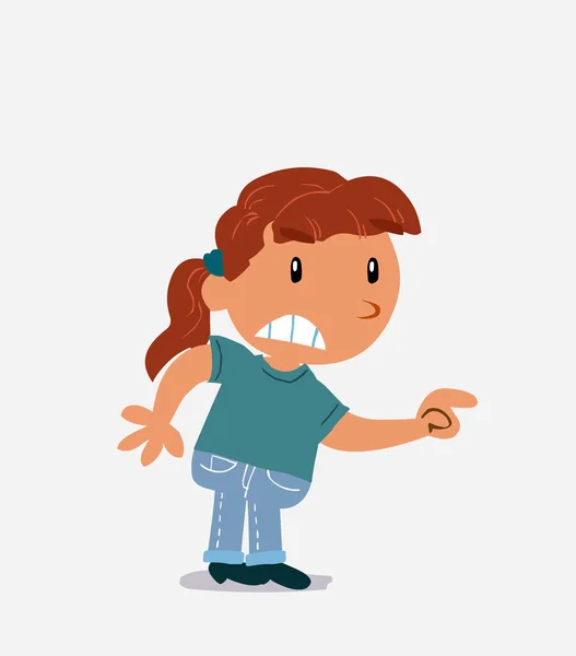 Personagem Desenho Animado Menina Jeans Apontando Algo Agressivamente — Vetor de Stock