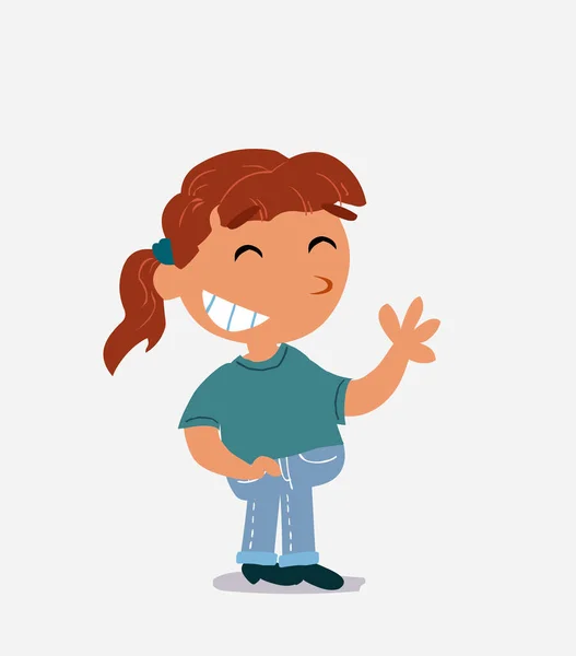 Zeichentrickfigur Eines Kleinen Mädchens Jeans Winkt Informell Beim Lachen — Stockvektor