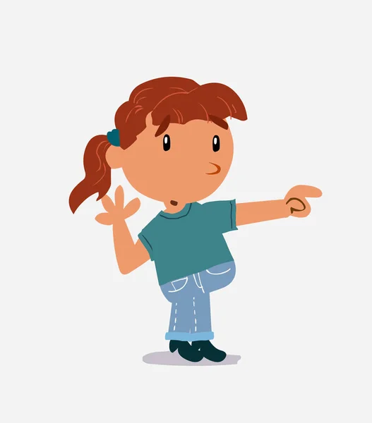 Sorprendido Personaje Dibujos Animados Niña Jeans Apunta Algo Lado — Vector de stock