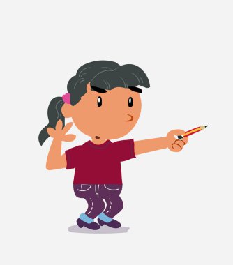 Çizgi film karakteri kot pantolonlu küçük kız bir yandan kalemle işaret ederken şüphe ediyor.