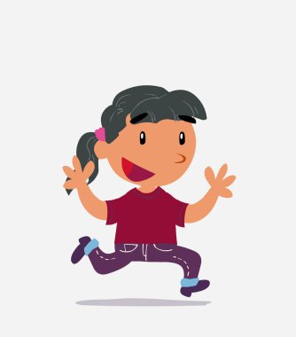 Çizgi film karakteri kot pantolonlu küçük kız mutlu bir şekilde koşuyor.