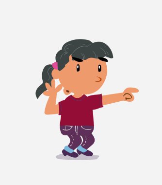 Şaşkın çizgi film karakteri kot pantolonlu küçük kız bir şeye işaret ediyor.