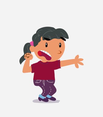 Çok kızgın bir çizgi film karakteri olan kot pantolonlu küçük bir kız bir şeyi işaret ediyor.