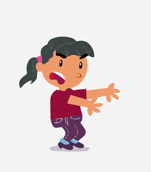 Personaje Dibujos Animados Muy Enojado Niña Jeans Apuntando Algo Lado — Vector de stock