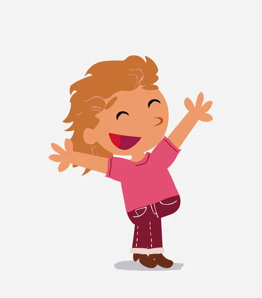 Personaje Dibujos Animados Niña Jeans Celebrando Algo Con Alegría — Vector de stock