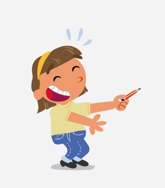 Çizgi film karakteri kot pantolonlu küçük kız bir yandan kalemle işaret ederken gülüyor.