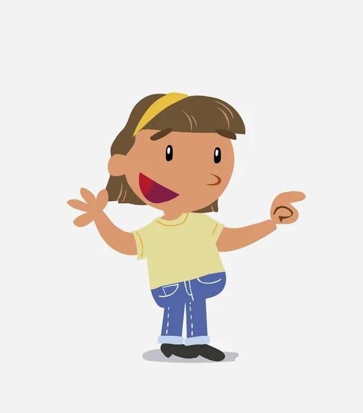 Personaje Dibujos Animados Niña Jeans Sonriendo Mientras Señala — Vector de stock