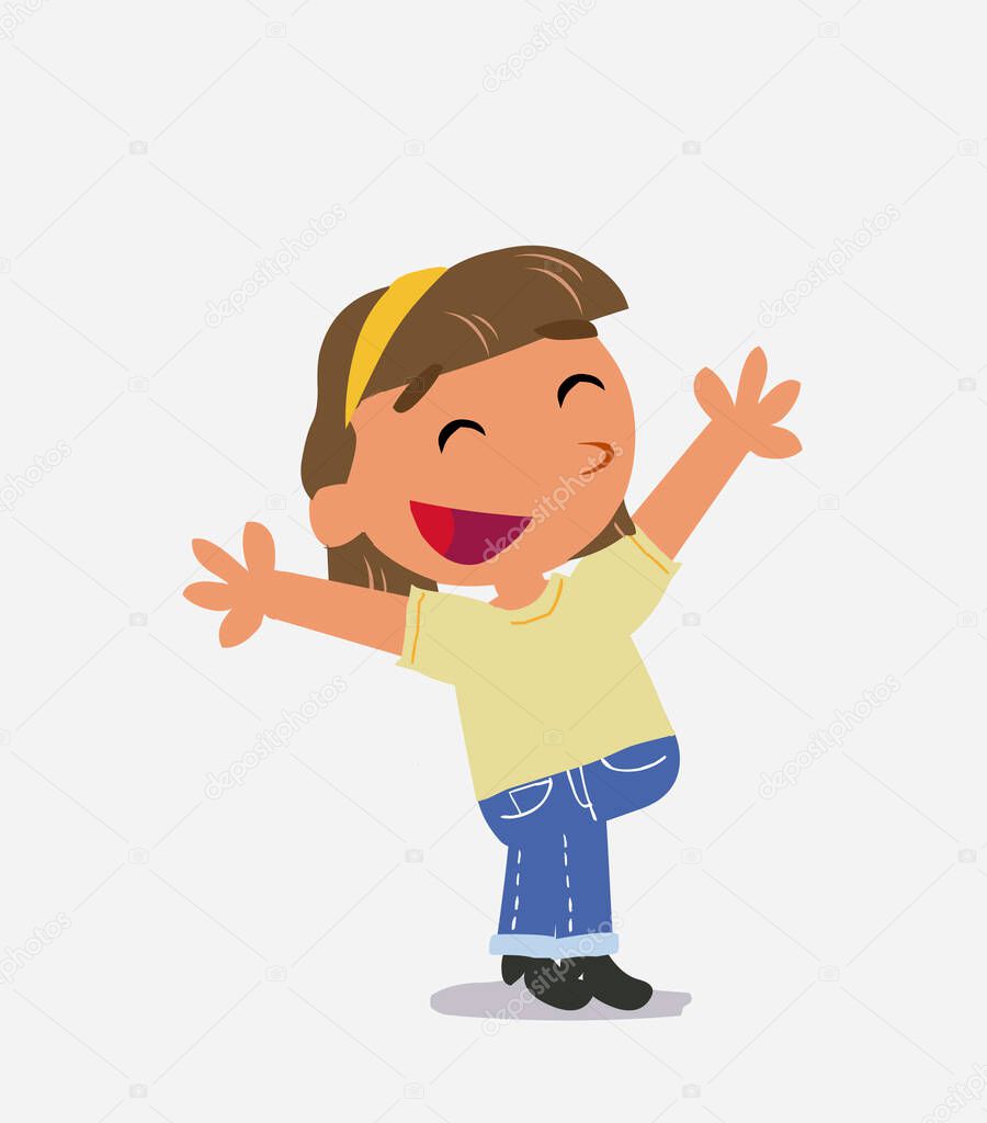 cartoon character of  little girl on jeans celebrating something with joy