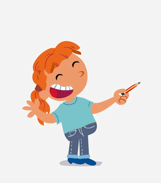 Cartoon Character Little Girl Jeans Happy While Pointing Side Pencil