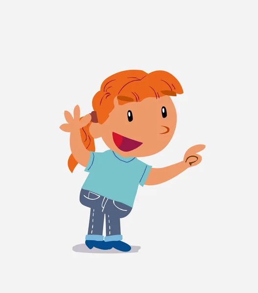 Personaje Dibujos Animados Niña Jeans Señalando Mientras Discute — Vector de stock