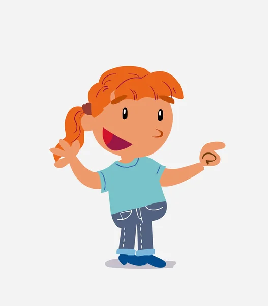 Zeichentrickfigur Eines Kleinen Mädchens Auf Jeans Lächelt Beim Zeigen — Stockvektor