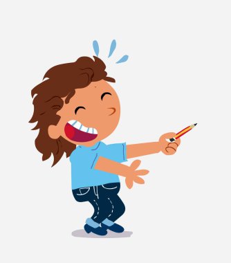 Çizgi film karakteri kot pantolonlu küçük kız bir yandan kalemle işaret ederken gülüyor.