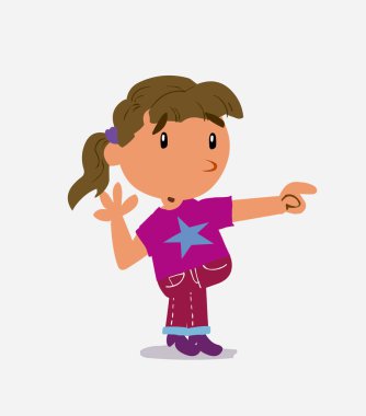Kot pantolonlu küçük bir kızın karikatür karakteri onun tarafını işaret ediyor.