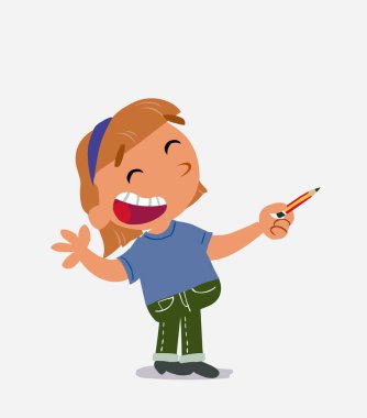 Çizgi film karakteri kot pantolonlu küçük kız bir yandan kalemle işaret ederken gülüyor.