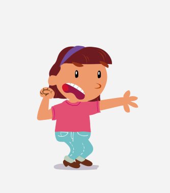 Çok kızgın bir çizgi film karakteri olan kot pantolonlu küçük bir kız bir şeyi işaret ediyor.