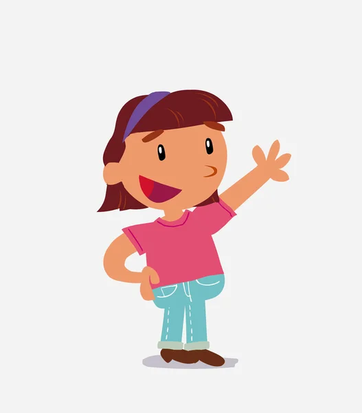 Cartoon Character Little Girl Jeans Explaining Something While Pointing — Stock Vector