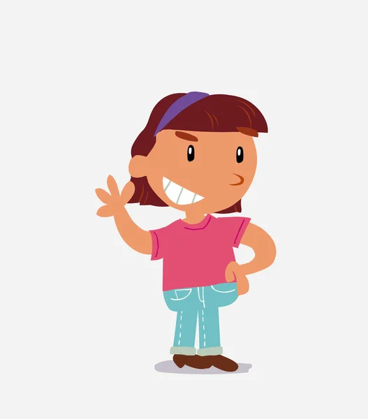 Zeichentrickfigur Eines Kleinen Mädchens Auf Jeans Winkt Lächelnd — Stockvektor