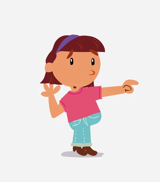 Überraschte Zeichentrickfigur Eines Kleinen Mädchens Jeans Deutet Auf Etwas Seiner — Stockvektor