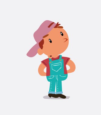 Çizgi film karakteri, kot pantolon giymiş kuşkucu çocuk.