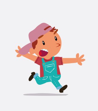 Çizgi film karakteri, kotlu küçük çocuk kızgın koşuyor.