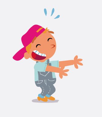 Çizgi film karakteri kot pantolonlu küçük bir çocuk bir şeyler gösterirken çok gülüyor.