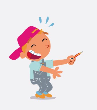 Çizgi film karakteri kot pantolon giymiş küçük bir çocuk kalemle yan tarafı gösterirken gülüyor.