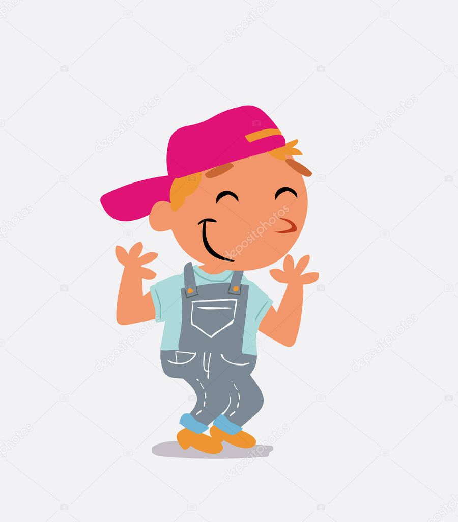 cartoon character of  little boy on jeans shrinks somewhat shy