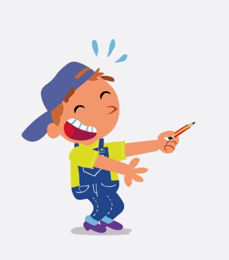 Çizgi film karakteri kot pantolon giymiş küçük bir çocuk kalemle yan tarafı gösterirken gülüyor.