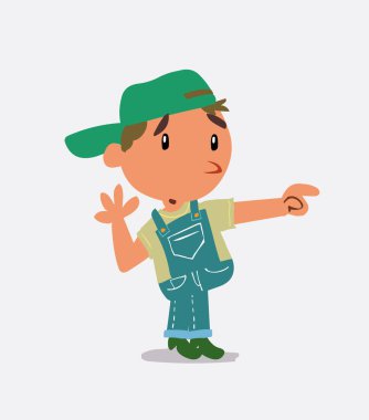 Şaşkın çizgi film karakteri kot pantolonlu küçük çocuk onun tarafını işaret ediyor.