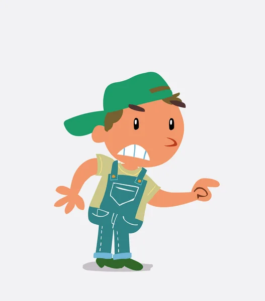 Personaje Dibujos Animados Niño Pequeño Jeans Señalando Algo Agresivamente — Vector de stock