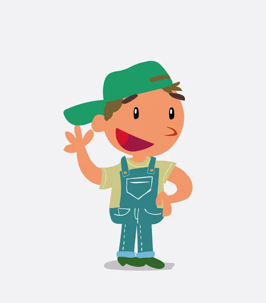 Cartoon Character Little Boy Jeans Waving Happily — Stock Vector