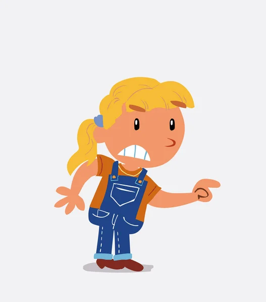 Personagem Desenho Animado Menina Jeans Apontando Algo Agressivamente — Vetor de Stock