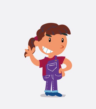 Çizgi film karakteri, kot pantolonlu küçük kız gülümserken el sallıyor