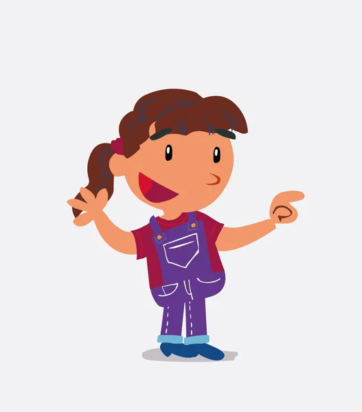 Personaje Dibujos Animados Niña Jeans Sonriendo Mientras Señala — Vector de stock