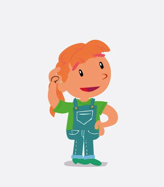 Pensativo Personaje Dibujos Animados Niña Jeans Rascarse Cabeza — Vector de stock