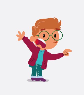 Çizgi film karakteri, kot pantolonlu küçük bir çocuk. Öfkeli bir şeyi işaret ediyor.