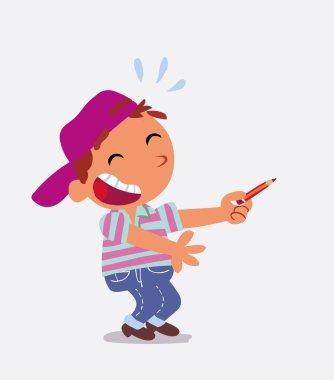 Çizgi film karakteri kot pantolon giymiş küçük bir çocuk kalemle yan tarafı gösterirken gülüyor.