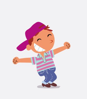 Kot pantolon giymiş, komik bir çizgi film karakteri olan mutlu küçük bir çocuk.